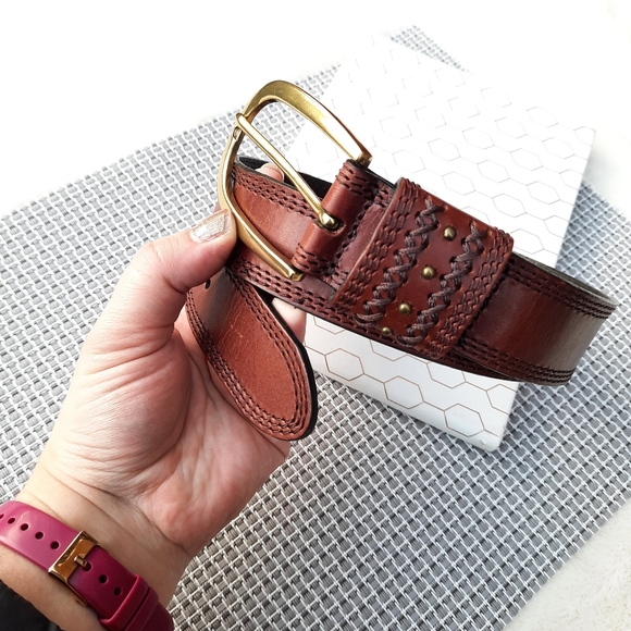 Dockers Braided and Stitched Studded Oversized Buckle Leather Belt XL Brown - Picture 3 of 12